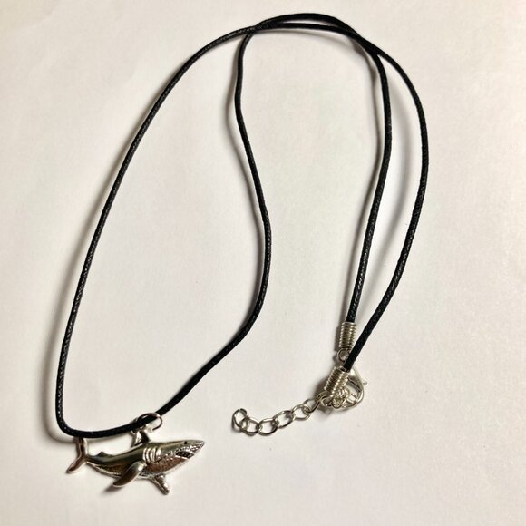Silver Shark Necklace Black Cord 22" Plated Sea Life Surfer Style Mens Womens - Picture 5 of 6